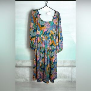 Jodifl Floral Long Sleeve Midi Dress Smocked Back Size M